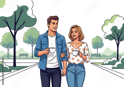 Couple walking in park, casual outfit, holding coffee cups, romantic stroll, spring day, cheerful mood, outdoor date, nature background, vector illustration