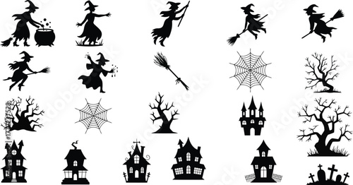 Collection of halloween silhouettes featuring witches haunted houses and spooky trees
