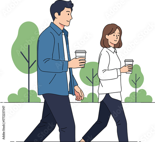 Couple walking outdoors, holding coffee cups, casual fashion, cheerful mood, park background, nature stroll, lifestyle moment, vector illustration, autumn day, friendship scene