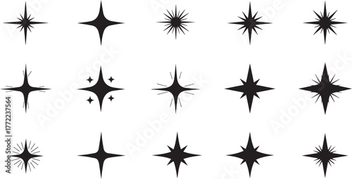 Set of Black Starburst and Sparkle Icons — Minimalist Vector Collection of Shining Stars and Light Effects on White Background
