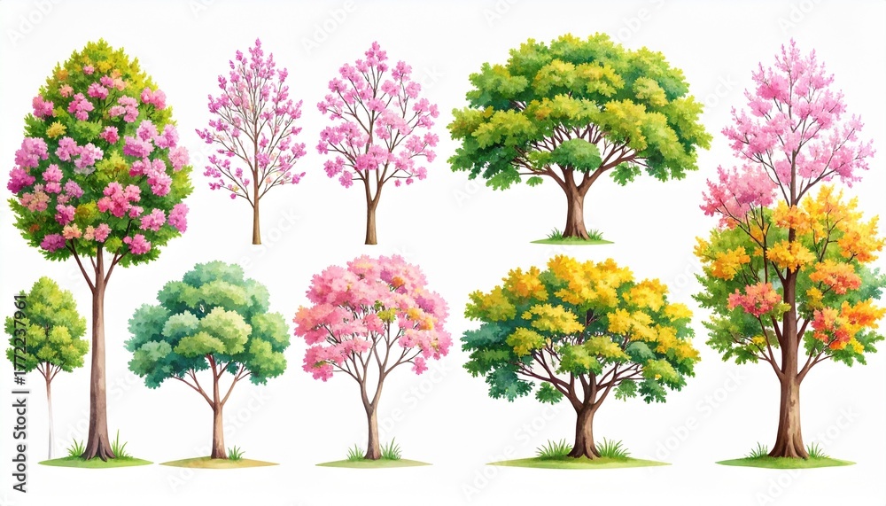 Fototapeta premium Colorful Blooming Trees Watercolor Illustration Set