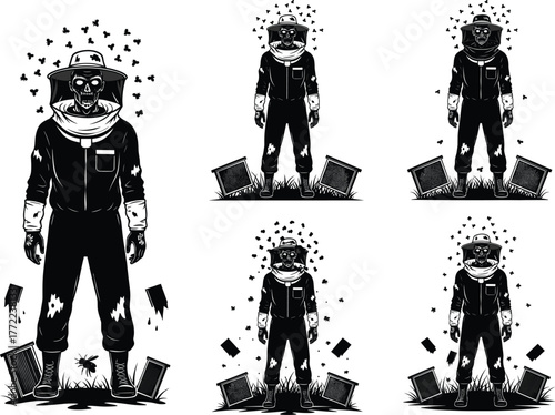 Distressed beekeeper in protective suit, surrounded by bees, damaged beehives, black and white vector illustration, honey production, apiary, insect farming, cartoon style