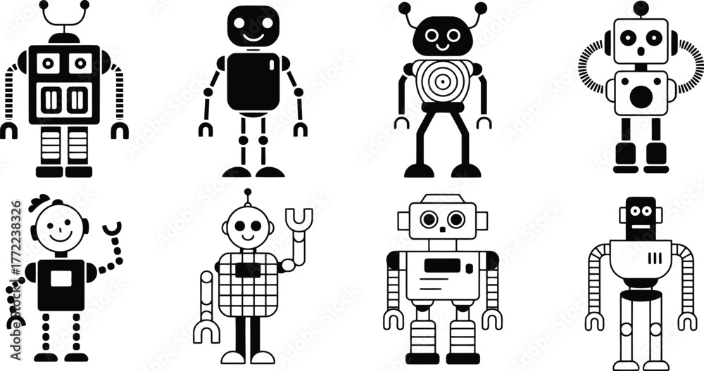 Naklejka premium Collection of eight unique cartoon robots in black and white illustration