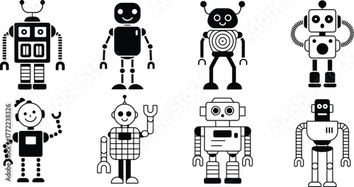 Collection of eight unique cartoon robots in black and white illustration