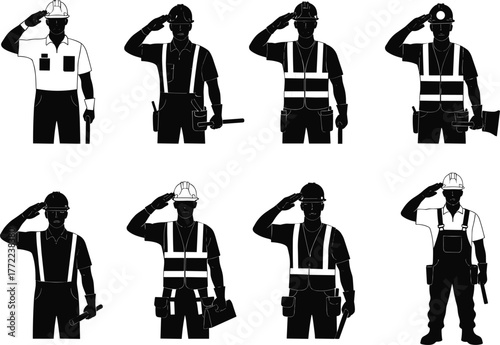 Eight different style illustration of construction worker silhouette, man saluting in safety uniform, hard hat, respect gesture, labor pride vector design, isolated
