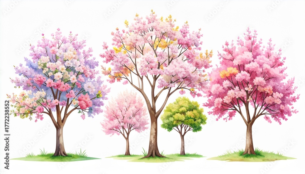 Fototapeta premium Watercolor Cherry Blossom and Green Tree Set