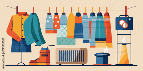 Clothes drying near heater and organized on rack in warm colors  