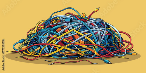 Disorganized bundle of colorful wires on yellow background  
