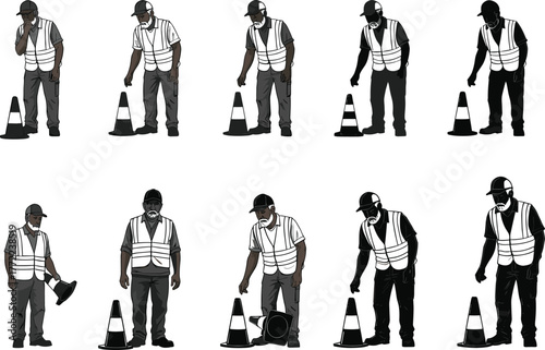 Eight different style illustration of construction worker placing traffic cone, safety vest man working on road maintenance, caution and safety vector art set