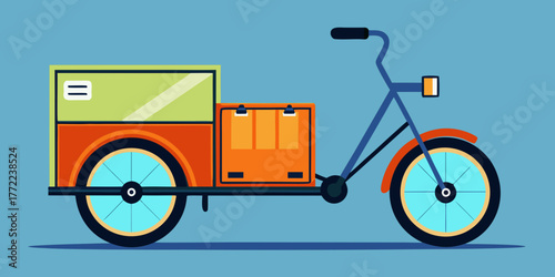 Electric cargo bike with a colorful box on a blue background  