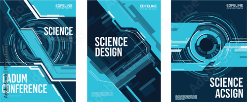 Futuristic science conference poster triptych—“EDPELINE CONFERENCE”—digital abstract layout, blue geometric shapes, modern tech theme, bold typography, design series