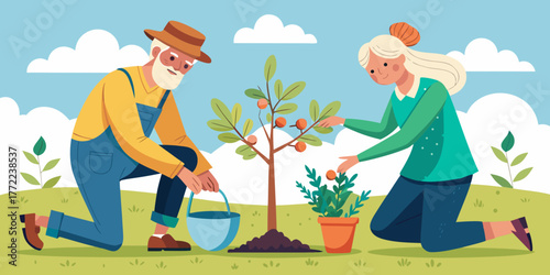 Elderly couple planting tree and flowers in sunny garden outdoors  