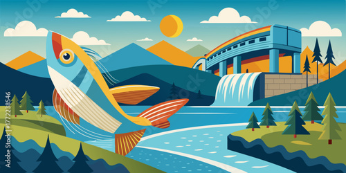 Colorful fish jumping near dam in scenic mountain landscape  