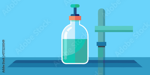 Transparent glass bottle with liquid under laboratory tap  