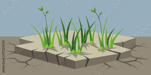 Grass growing through cracked concrete in an abstract landscape  