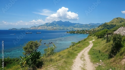 Scenic coastal path winding along the ocean with a mountain range in the distance under a blue sky