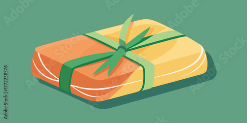 Handmade soap wrapped in paper with green ribbon on green background  