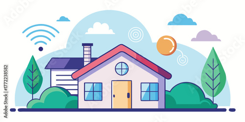 Modern house illustration with surrounded greenery and wireless signals  