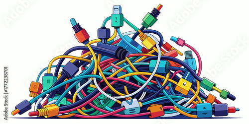 Pile of colorful electronic cables tangled together in vibrant style  