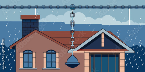 Rain chain hanging from house roof during heavy rainstorm  