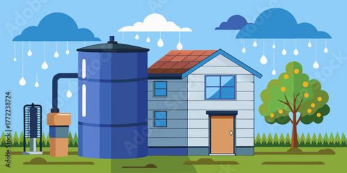 Rainwater tank beside house with tree and clouds in a garden  