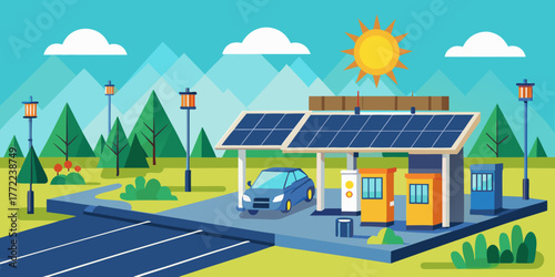 Solar charging station for electric cars surrounded by mountains  
