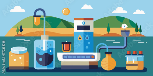 River water testing kit with laboratory equipment and landscape background  