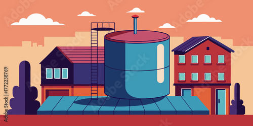 Rooftop water tank beside modern houses in urban landscape  