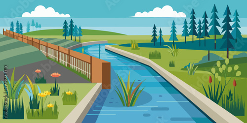 Scenic wetland channel with plants and trees under blue sky  