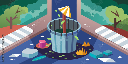 Trash bin with a young plant growing inside in urban environment  