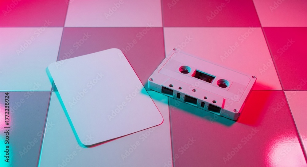 Fototapeta premium Retro cassette tape and white card on vibrant illuminated checkered background