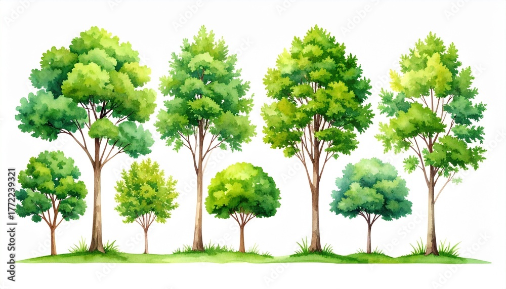 Fototapeta premium Watercolor Green Tree Set with Grass Base
