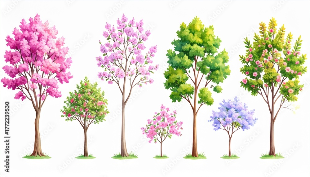 Obraz premium Watercolor Blooming Pink and Green Tree Illustration Set