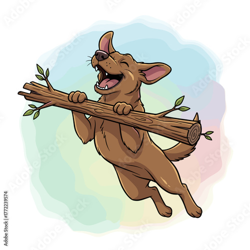 Happy Chocolate labrador playing and carrying a stick with green leaves  