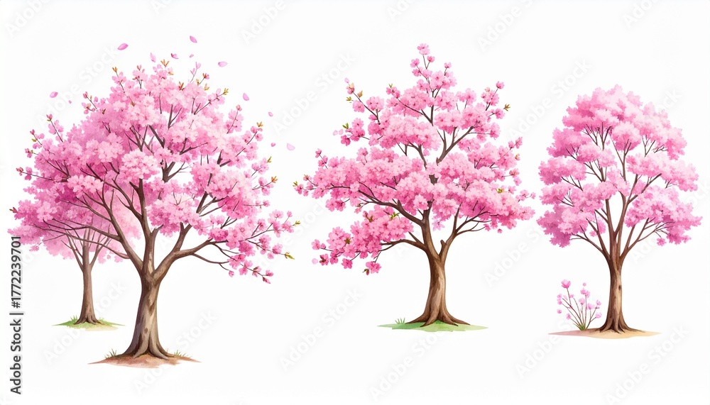 Obraz premium Watercolor Pink Cherry Blossom Tree Set