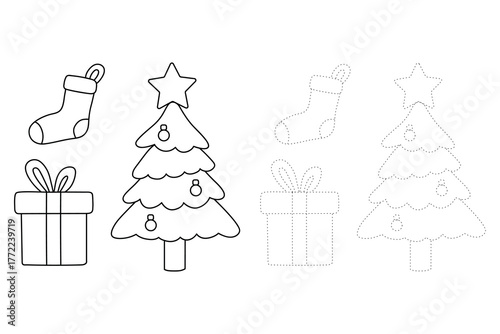 Christmas Socks Coloring Page. Christmas Tree Coloring Page. Gift box Coloring Page. Trace and Color Christmas Socks, Christmas Tree and Gift box. Printable Christmas Coloring Pages for Kids.