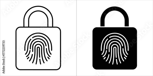 Fingerprint lock icon in black and white, security and privacy concept