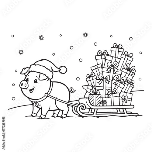 Pig pulling a sleigh with christmas gifts coloring page