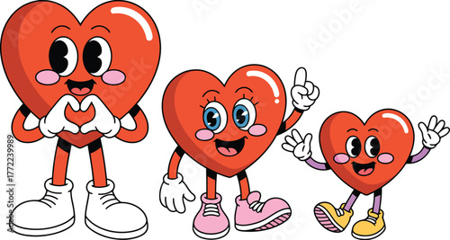 Three cartoon hearts with arms legs and faces standing together