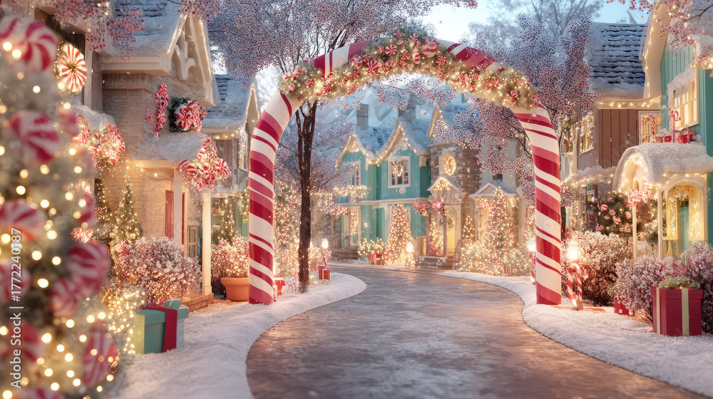 Obraz premium Festive Christmas Village Decorated with Candy Canes and Lights