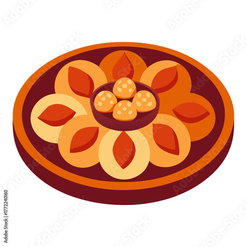 Decorative Ceramic Plate with Moroccan Pastries and Nuts Vector Illustration