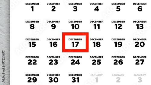 Close-up of the date December 17th marked with a red cursor on the wall calendar 2025