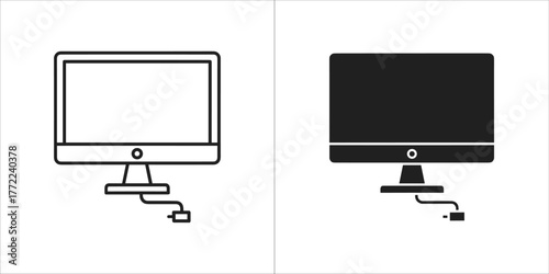 Black line computer monitor icon, vector illustration