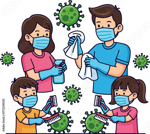 Cartoon illustration of a family wearing medical masks disinfecting virus germs