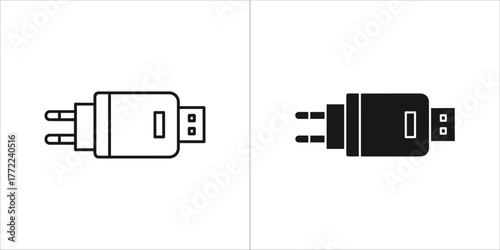 Black and white vector illustration of a power adapter