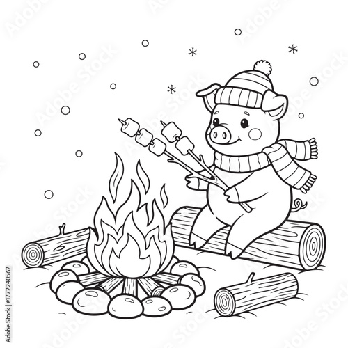 Pig roasting marshmallows by campfire in winter coloring