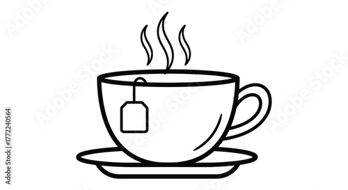 A steaming cup of tea with a teabag, a comforting and simple line art illustration, perfect for beverage designs