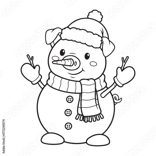 Outline drawing of a pig snowman with hat and scarf on white