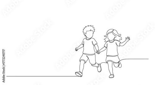 Continuous line drawing of two children running, holding hands and enjoying their carefree childhood