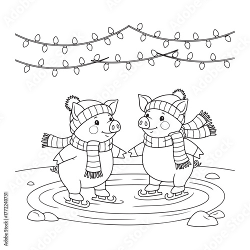 Two pigs ice skating under christmas lights coloring page